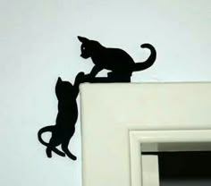 two black cats on top of a white wall