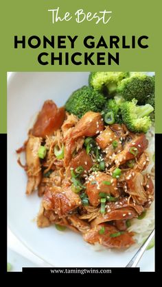 the best honey garlic chicken with broccoli and carrots on top is shown