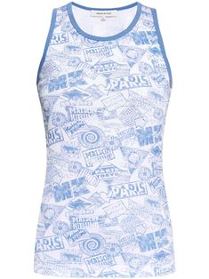 cornflower blue/white cotton jersey texture all-over logo print contrasting trim scoop neck sleeveless straight hem Surf Collage, White Blue Dress, Versace Outfit, Contrasting Trim, Yoko London, City Dress, Airport Fashion, Summer Beach Wear, Cotton Tank Top