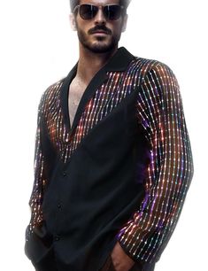 PRICES MAY VARY. Chic look: Unique custom mesh sequined fabric, is slightly transparent,in the light shining multicolored light, emitting a mysterious sexy smell. Original details:This suit collar shirt consists of a shiny mesh sequin in a V-shape across the chest and a shiny shirt material，which is very designed.The sequins on the mesh are arranged in vertical bars,shining multicolored light, very attractive and thin. Omnipotent matching:You can wear suit pants, slacks, jeans, etc., as you like Halloween Club Party, Disco Christmas, Blue Pants Men, Rave Shirts, Sequined Fabric, Gala Outfit, Funny Drinking Shirts, Black Cowboy Boots, Disco Shirt