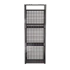 a black metal rack with three shelves on each side and one shelf attached to the wall