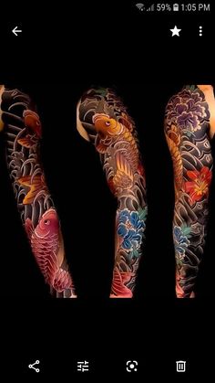 some tattoos on the arm and leg are all done in different colors, shapes and sizes