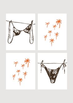 four different pictures of bikinis with palm trees in the background and an orange string hanging from them