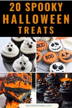 halloween treats with the words 20 spooky halloween treats on top and below them