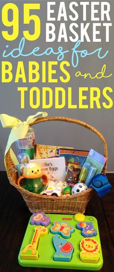 a basket filled with baby's and toddlers items on top of a table