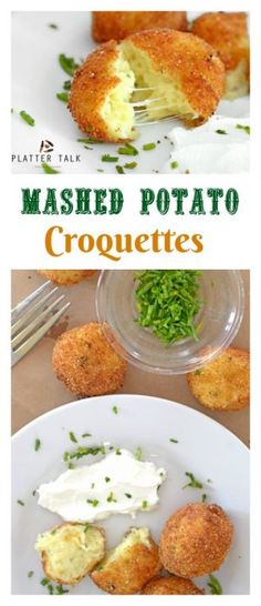 mashed potato croquettets with sour cream and parsley on the side