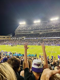 fans at a football game are reaching up to catch the ball