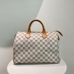 Louis Vuitton Speedy 30 Damier Azur Canvas Handbag Gold Character, Louis Vuitton Speedy 30, Brown Style, Speedy 30, Canvas Handbags, Interior Color, Louis Vuitton Speedy, Checkered Pattern, White Interior