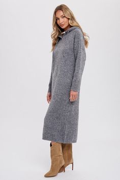 This stylish drawstring hoodie midi sweatshirt dress effortlessly blends comfort and fashion. The dress features a flattering v-neckline, adding a touch of sophistication to the casual design. The drawstring hoodie adds a sporty and trendy element to the overall look. The ribbed cuffs on the long sleeves provide a snug and stylish fit. With its regular fit, this dress offers a comfortable and relaxed silhouette. Whether you dress it up or down, this midi sweatshirt dress is perfect for various o Hooded Sweater Dress, Sweater Midi Dress, Hoodie Sweater Dress, Gray Sweatshirt, Hooded Dress, Nursing Dress, Maternity Sweater, Sweater Dress Midi, Casual Design