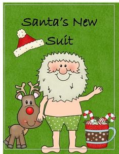 santa's new suit is next to a reindeer with his hand on his hip