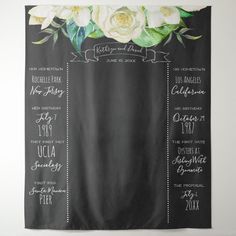 the chalkboard wedding program is hanging on the wall