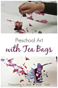 two pictures with the words preschool art with tea bags