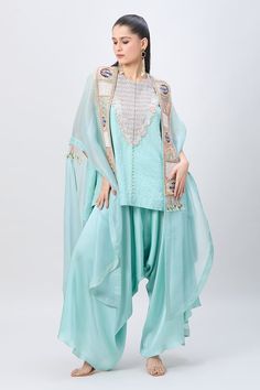 Powder blue organza cape with peacock, pearl and zardozi embroidered broad border. Comes with embroidered yoke short crushed kurta and solid pant. - Aza Fashions Short Kurta Set, Embroidery Peacock, Organza Cape, Embroidered Cape, Blue Organza, Kurta Set For Women, Short Kurta, Peacock Pearl, Kurta Set