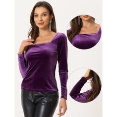 Women's Long-Sleeve Velvet Square Neck Casual T-Shirt Blouse. This retro-style shirt highlights your elegance and the velvet fabric feels smooth and comfortable to touch. This top features a solid color, long sleeves, and a square neck. This square-neck shirt features a cozy fabric to keep you warm on cooler days. This top is perfectly paired with jeans or leggings and heels for a beautiful and stylish look. Perfect for casual weekend looks. This top can easily create a chic look. Velvet Cami Top, Sequin Cami Top, Prom Costume, Leggings And Heels, Casual Blouses, Square Neck Long Sleeve, Lace Blouse Long Sleeve, Puff Long Sleeves, Long Sleeve Tops Casual