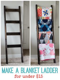 an old ladder is used as a blanket rack for quilts and other decorative items