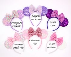 a bunch of minnie mouse ears that are labeled with the names of each disney character