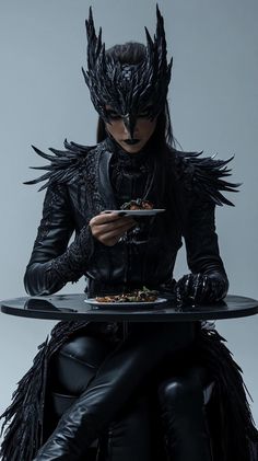 a woman dressed in black is sitting down and looking at her cell phone while holding a plate with food on it