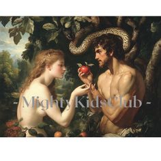 a painting of a man and woman holding an apple in front of a snake on the tree