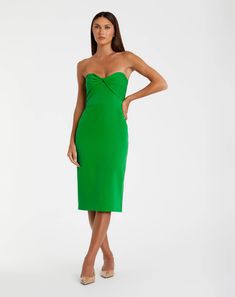 Crepe Strapless Twist Top Fitted Midi Dress Sweetheart Neckline Bodycon Midi Dress For Cocktail, Bodycon Midi Dress With Sweetheart Neckline For Cocktail, Elegant Strapless Bodycon Dress With Sweetheart Neckline, Elegant Bodycon Strapless Dress With Sweetheart Neckline, Chic Midi Dress With Sweetheart Neckline For Cocktail, Chic Sweetheart Neckline Bodycon Dress For Cocktail, Chic Bodycon Dress With Sweetheart Neckline For Cocktail, Elegant Green Strapless Bodycon Dress, Green Strapless Dress With Straight Neckline For Evening