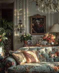 a living room filled with furniture and flowers