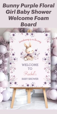 Celebrate the upcoming arrival of your little girl with this cute baby shower Welcome Sign Foam Board Poster featuring an adorable baby bunny girl in soft purple flowers and pink & purple text on the light purple, lavender, background. This sign is perfect for a charming spring-themed girl baby shower. Easily personalize all the details - Kate Eden Art
#zazzlemade #easterbabyshower #girlbabyshower #purplebabyshower #springbabyshower #bunnybabyshower