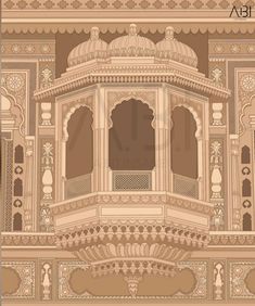 an ornate balcony with pillars and arches in beige tones, on a brown background illustration