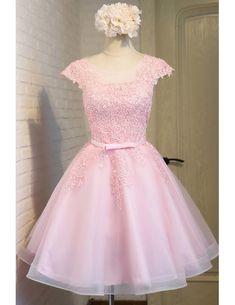 Gorgeous Pink Lace Short Tulle Party Dress with Cap Sleeves Dresses With Cap Sleeves, Pink Homecoming Dresses, Pink Lace Shorts, Party Dress Pink, Tulle Party Dress, Homecoming Dresses Lace, Pink Lace Tops, Formal Dresses For Teens, Cute Homecoming Dresses