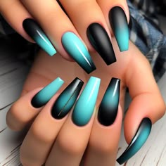 Nails For Mexicans, Nail Ideas Light Colors, Nail Set Inspiration, Blue Nails Acrylic Design, Black Turquoise Nails, Matte Black And Teal Nails, Blue Fade Nails, Nails Black And Turquoise, Teal And Black Nails Designs