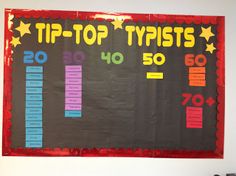 a bulletin board that says top - up typists on the wall in front of a desk