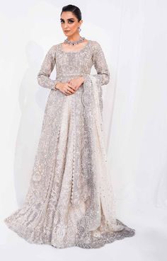 Pakistani Bridal Dress in Classic Gown Lehenga Style is a royal attire adorned with Hand-crafted details of embellishments. Custom sizes. Fast shipping. Pakistani Bridal Gown, Gown Lehenga, Lehenga With Dupatta, Wedding Lenghas, Royal Attire, Grey Lehenga, Classic Gown, Dupatta Dress, Pakistani Bridal Dress