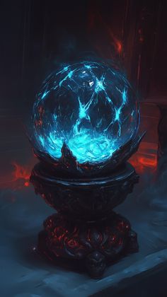 a glowing orb in the middle of a dark room with red and blue light coming from it