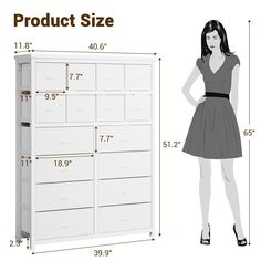 a woman is standing next to a large white cabinet with drawers and measurements on it