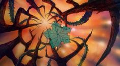 an abstract painting with leaves in the center and sun shining through it's branches