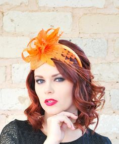 Marigold Orange Fascinator, Tea Party Hat, Church Hat, Kentucky Derby Hat, Fancy Hat, British, Weddi Carnival Wedding Headband, Fitted Mini Hat With Feathers For Wedding, Fitted Feather Fascinator For Wedding, Fitted Feather Hair Accessories For Wedding, Adjustable Feathered Wedding Costume Hats And Headpieces, Fitted Feathered Headband For Weddings, Adjustable Feathered Costume Hat For Wedding, Elegant Halloween Fascinator, Wedding Costume Hat With Feathers