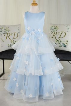 Modsele light blue flower girl dress features with rounded neckline, handmade flowers, and multi-tiered skirt.#flowergirldresses#girlpartydresses#girlbirthdaydresses Blue Dresses For Kids, Blue Flower Girl Dress, Dress With 3d Flowers, Pastel Blue Dress, Blue And White Outfits, Blue Flower Girl, Purple Flower Girl Dress, Sleeveless Flower Girl Dresses, Flower Girl Dresses Blue