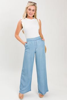 Palazzo Tencel Pants, Light Blue :: NEW ARRIVALS :: The Blue Door Boutique Light Blue Pants Work Outfit Women, Light Wash Wide-leg Workwear Pants, Trendy Wide-leg Rayon Pants, Light Blue Wide Leg Pants Outfit, Spring Blue Wide Leg Pants, Wide Leg Tencel Pants With Pockets, Trendy Rayon Bottoms For Spring, Versatile Wide-leg Rayon Pants, Spring Light Wash Wide Leg Work Pants