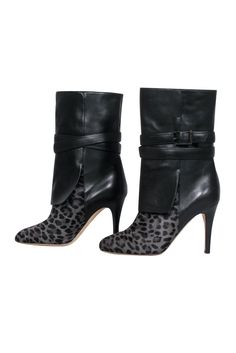 Add some safari chic to your nighttime wardrobe with these sleek booties from Jimmy Choo! Made with a luxe leopard print design in soft calf hair, these heeled beauties are perfect for fashionistas who love their animal print! Style with leather pants and a crop top for a spicy and sultry look that’s perfect for the club! Size 8 (EU 38) Leather and calf hair upper w/ leopard print design Made in Italy Pull on Short shaft w/ buckle design Round toe Skinny heel Leather sole and footbed w/ slight w Leopard Print Winter Party Boots, Winter Party Leopard Print Boots, Leopard Print Party Boots For Winter, Elegant Leopard Print Fall Heels, Elegant Leopard Print Heels For Fall, Leopard Print Leather Boots For Party, Chic Leopard Print High Heel Boots, Chic High Heel Leopard Print Boots, Chic Leopard Print Heels For Night Out