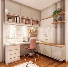 a computer desk sitting under a window next to a white wall and wooden flooring