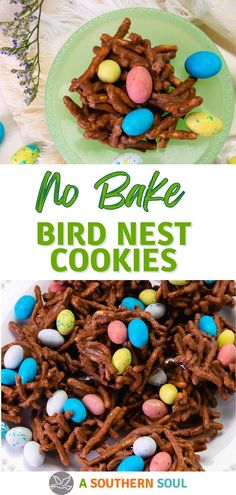 no bake bird nest cookies on a plate with easter eggs in the middle and an image