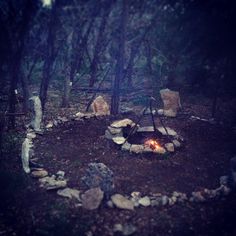 there is a fire pit in the middle of the woods with rocks and trees around it