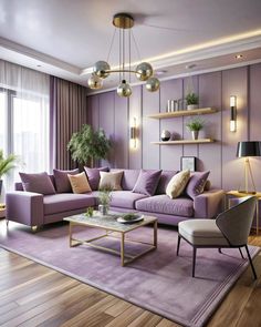 a living room with purple couches and lamps on the wall, wooden flooring