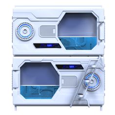 two futuristic white cabinets with blue lights on the doors and one in the middle is open