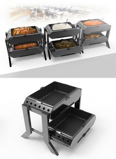 three different views of an outdoor grill with trays