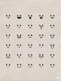 an image of different faces drawn in black ink on white paper with the words happy written below it