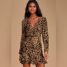 The Party Starts When You Walk In Wearing The Astr The Label Nikita Burnout Leopard Print Long Sleeve Ruched Mini Dress! Sheer Woven Fabric (Atop Attached Slip Dress), Decked Out In A Fierce Burnout Velvet Leopard Print, Shapes Long Sleeves And A Pleated, Surplice Bodice. Fitted Waist Tops A Ruched Mini Skirt With A Sheath Silhouette And Ruffled Hem. Hidden Side Zipper. Lightweight Shoulder Pads. Nwt Excellent Condition Ruched Mini Skirt, Silver Jewlery, Burnout Velvet, Ruched Mini Dress, Astr The Label, Black And Tan, Shoulder Pads, The Label, Walk In