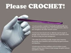 a person in white gloves holding a purple stick with the words please crochet on it