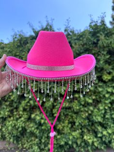 Personalized Hot Pink Cowboy Hat Cowgirl Hat for women,Rhinestone cowgirl hat Birthday, Bridal shower Diamond Tassel western wedding ★Available in color Hot Pink, Pink, White. Black, Purple, Brown,Green. Red ★Size: One size fits most Adults up to 22 inches in size. The circumference (inside) of the cowgirl hat is approx. 22 inches. To ensure the proper fit measure your head with a soft tape. This hat fits traditional hat sizes of 6 7/8, 7, and 7 1/8. ★Material: Hard felt ★All Fringe is A Silver Cowgirl Hat Birthday, Hot Pink Cowboy Hat, Rhinestone Cowgirl Hat, Hat Birthday, Rhinestone Cowgirl, Birthday 4, Barbie Hat, Pink Cowboy Hat, Pink Cowboy