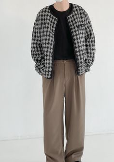 Grey Tweed Plaid Loose Jacket | Seonghwa - ATEEZ XXL Winter Long Sleeve Houndstooth Tweed Jacket, Casual Beige Tweed Jacket For Winter, Casual Winter Tweed Jacket, Casual Beige Tweed Outerwear, Beige Houndstooth Long Sleeve Outerwear, Beige Long Sleeve Houndstooth Outerwear, Casual Plaid Tweed Outerwear, Casual Houndstooth Tweed Jacket For Fall, Beige Casual Long Sleeve Tweed Jacket