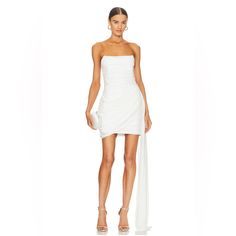 Elliatt Ivory Mini Dress With Sheer Tail Detail And Off Shoulder Cut White Ruched Mini Dress For Evening, Elegant White Ruched Mini Dress, White Ruched Sheath Mini Dress, White Ruched Sheath Midi Dress, White Sheath Mini Dress For Evening, Camo Dress, Revolve Dresses, Satin Cocktail Dress, Fresh Outfits