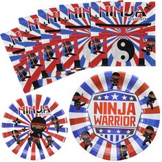 the ninja warrior party plates are decorated with red, white and blue stripes on them